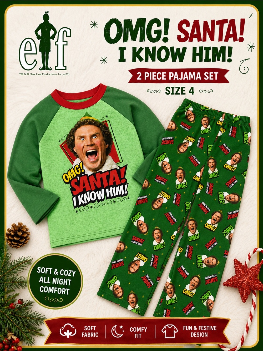 ELF Kids Green and Red "OMG! Santa! I Know Him!" 2-Piece Pajama Set Sz 4